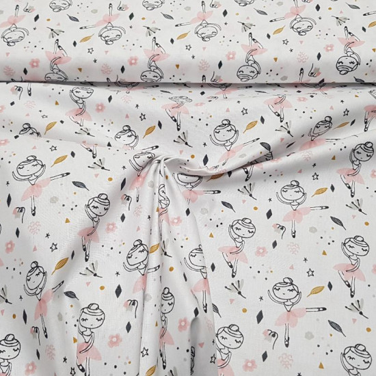 Cotton Tutu Ballerinas fabric - Children's cotton fabric with drawings of ballerinas on a background with drawings of stars, flowers, colored dots... The fabric is 150cm wide and its composition is 100% cotton.