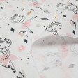Tela Algodón Bailarinas Tutú - Tela de algodón infantil con dibujos de bailarinas sobre un fondo con dibujos de estrellas, flores, topitos de colores… La tela mide 150cm de ancho y su composición 100% algodón.