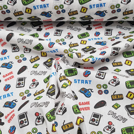 Cotton Video Game Controllers fabric - Cotton fabric digital printing with drawings of classic game controllers on a white background, in which phrases of 