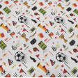 Tela Algodón Día de Fútbol - Tela de algodón empesa impresión digital con dibujos de temática futbolera, donde aparecen balones, marcadores, banderas, silbatos, vuvuzelas... La tela mide 140cm de ancho y su composició