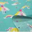 Cotton Fairy Clouds Rainbow fabric - Children's cotton fabric with pictures of fairies with a magic wand on a light background of clouds with rainbows, colorful stars... The fabric is 150cm wide and its composition is 100% cotton.