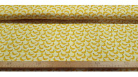 Tela Algodón Plátanos Rayas - Tela de algodón con dibujos de plátanos sobre un fondo de rayas amarillas. La tela mide 150cm de ancho y su composición 100% algodón.