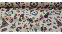 Tela Algodón Frida Corazones Flores - Tela de algodón con dibujos de Frida sobre un fondo claro con corazones, flores, pájaros... La tela mide 150cm de ancho y su composición 100% algodón.