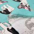 Tela Algodón Perros Gafas - Tela divertida de algodón con dibujos de perros con gafas rosas sobre un fondo de color turquesa. La tela mide 140cm de ancho y su composición 100% algodón.