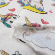 Tela Algodón Unicornios Música - Tela de algodón infantil con dibujos de unicornios escuchando música sobre un fondo blanco con notas musicales de colores, corazones, mariposas... La tela mide 150cm de ancho y su composición 100