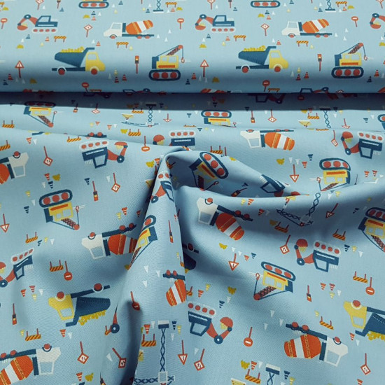 Cotton Construction Vehicles Blue fabric - Children's cotton fabric with drawings of construction vehicles, signs and construction cones on a blue background. The fabric is 150cm wide and its composition is 100% cotton.