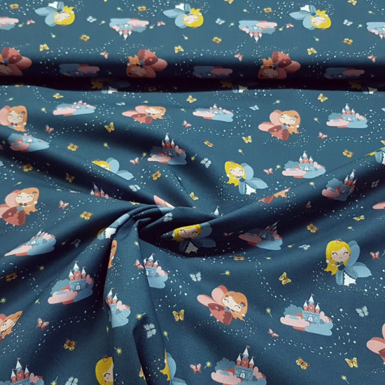 Cotton Fairy Princesses Fabby fabric - Organic cotton fabric (GOTS) with drawings of fairy princesses with magic wands on a dark blue background with butterflies and castles. The fabric is 150cm wide and its composition is 100% cotton.