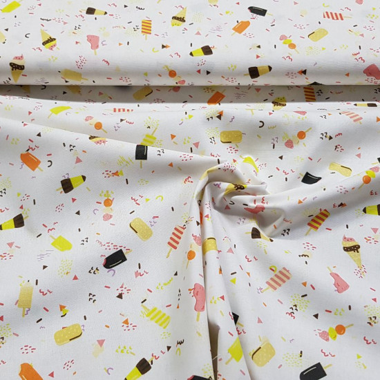 Cotton Mythical Ice Cream fabric - Cotton fabric with ice cream drawings that remind us of the mythical ice cream brands in the shape of a foot, tornadoes, rockets, pencils ... The fabric is 150cm wide and its composition is 100% cotton.