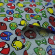 Cotton Superhero Masks fabric - Poplin cotton fabric with drawings of superheroes masks on various backgrounds to choose from. The fabric is 140cm wide and its composition is 100% cotton.