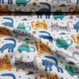 Tela Cretona Gatos y Ratones - Tela de cretona algodón con dibujos de gatos de colores azules, gris, verdes,... sobre un fondo blanco con ratones, huellas y rollos de hilo para coser. La tela mide 150cm de ancho y su composición 100% algodón.