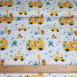 Cotton Animals School Bus fabric - Organic cotton poplin fabric (GOTS) with drawings of animals on the school bus and riding scooters. The fabric is 150cm wide and its composition is 100% cotton.