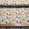 Tela Algodón Helados Frutas - Tela de algodón orgánico (GOTS) con dibujos de helados y sorbetes de frutas sobre un fondo blanco. La tela mide 150cm de ancho y su composición 100% algodón.