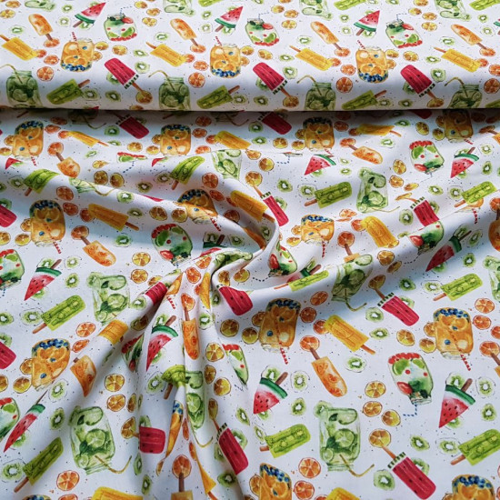 Cotton Ice Cream Sorbet Fruits fabric - Organic cotton fabric (GOTS) with drawings of ice creams and fruit sorbets on a white background. The fabric is 150cm wide and its composition is 100% cotton.