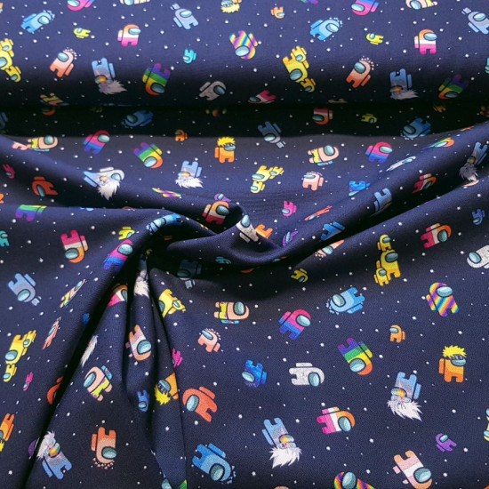 Cotton Among Us Rainbow fabric - Organic cotton poplin fabric with drawings that remind us of the spaceship video game Among Us on a dark background with stars. The fabric is 150cm wide and its composition is 100% cotton.
