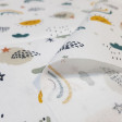 Cotton Rainbow Smiley Suns fabric - Cotton poplin fabric with drawings of rainbows, smiling suns, clouds, stars... on a white background. The fabric is 150cm wide and its composition is 100% cotton.