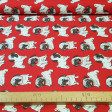 Tela Algodón Cachorritos - Tela de algodón popelín con dibujos de cachorritos sobre un fondo de color rojo. La tela mide 140cm de ancho y su composición 100% algodón.