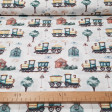 Cotton Trains fabric - Digital print cotton poplin fabric with drawings of steam trains, houses, clouds, road signs and trees on a white background. A cotton fabric with a fine grammage ideal for children's clothing. The fabric measure