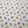 Algodón Dinosaurios Coloridos - Tela de algodón tipo popelín con dibujos de dinosaurios coloridos sobre un fondo blanco. La orientación del dibujo es en vertical respecto el ancho (ver fotos donde se ve el metro) La tela mide 1