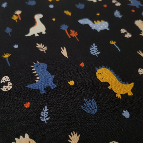 Cotton Cool Dinosaurs fabric - Brushed cotton poplin fabric, with drawings of cool dinosaurs in various colors on a background with vegetation and open dinosaur eggs. This fabric has two background colors and has a softened touch due to the treatment