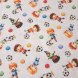 Cotton Playing Soccer fabric - Cotton poplin fabric with a children's theme featuring children playing soccer on a white background. The fabric is 150 cm wide and is made of 100% cotton.