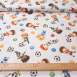 Cotton Playing Soccer fabric - Cotton poplin fabric with a children's theme featuring children playing soccer on a white background. The fabric is 150 cm wide and is made of 100% cotton.
