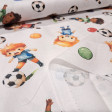 Cotton Playing Soccer fabric - Cotton poplin fabric with a children's theme featuring children playing soccer on a white background. The fabric is 150 cm wide and is made of 100% cotton.