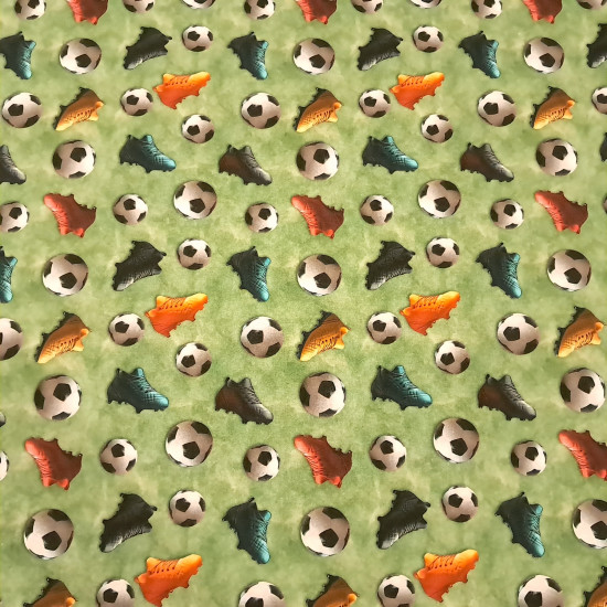 Cotton Soccer Balls 3D Effect fabric Cotton Soccer Balls 3D Effect fabric - 3D-effect cotton poplin fabric with soccer balls and multicolored sneakers on a mottled green background reminiscent of grass. The fabric is 150 cm wide and is made of 100% cotton.