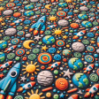 Cotton Rockets Space 3D Effect fabric Cotton Rockets Space 3D Effect fabric - Cotton poplin fabric with 3D clay-effect drawings of rockets, spaceships, planets, suns, and stars on a dark background. The fabric is 150cm wide and 100% cotton.