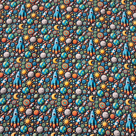 Cotton Rockets Space 3D Effect fabric Cotton Rockets Space 3D Effect fabric - Cotton poplin fabric with 3D clay-effect drawings of rockets, spaceships, planets, suns, and stars on a dark background. The fabric is 150cm wide and 100% cotton.