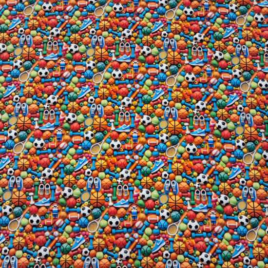 Algodón Pelotas Deporte Efecto 3D - Tela de algodón popelín con dibujos en efecto 3D de pelotas de varios tipo de deporte, pelotas de fútbol, baloncesto, voleibol, ténis, rugby… y también zapatillas, pesas, raqueta