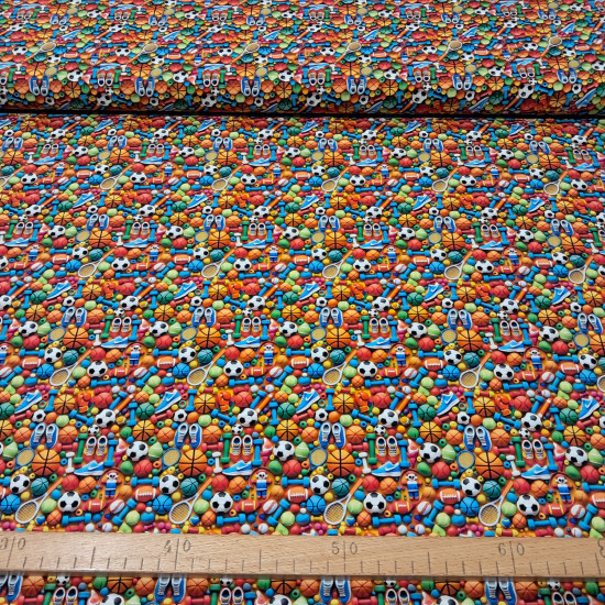 Algodón Pelotas Deporte Efecto 3D - Tela de algodón popelín con dibujos en efecto 3D de pelotas de varios tipo de deporte, pelotas de fútbol, baloncesto, voleibol, ténis, rugby… y también zapatillas, pesas, raqueta