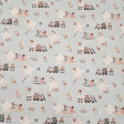 Cotton Trains Babies fabric - Cotton poplin fabric with drawings of toy trains, pacifiers, teethers, baby crib mobiles, babies... on a light colored background with white stars. The fabric measures 150cm wide and its composition is 100% cotton.