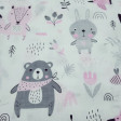 Cotton Forest Animals Pink fabric - Children's cotton fabric with drawings of forest animals such as bears, rabbits, foxes, birds... very funny on a white background with drawings of plants, bees where gray and pink colors predominate. The fabric is 16