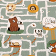 Cotton Animal Labyrinth fabric - Organic cotton poplin fabric with children's-themed drawings where forest animals appear represented in a labyrinth where the color green predominates. The fabric is 150cm wide and its composition is 100% cotton.