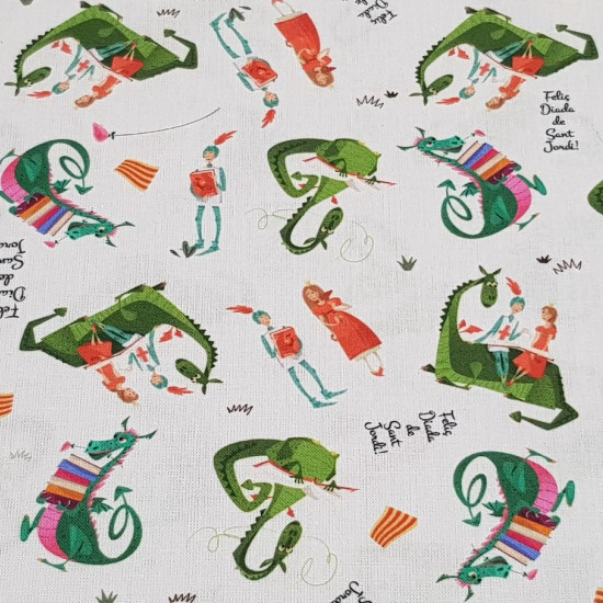 Cotton Sant Jordi Tale fabric - Cotton poplin fabric with drawings representing the story of Sant Jordi, the Princess and the Dragon, where the knight Sant Jordi saved the princess Cleodolinda from the dragon that stalked the village of Montblanc (Tarr