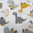 Cotton Dinosaurs Toy fabric - Children's cotton fabric with dinosaur drawings with bulging eyes in ocher and gray colors on a white background. The fabric is 150cm wide and its composition 100% cotton