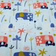 Cotton Elephants Flowers fabric - Children's cotton fabric with drawings of elephants with flowers on parts of their bodies, vegetation of palm trees on a light blue background. You can also see the elephant calves next to each large elephant. The fa