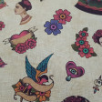 Tela Algodón Frida Corazones Flores - Tela de algodón con dibujos de Frida sobre un fondo claro con corazones, flores, pájaros... La tela mide 150cm de ancho y su composición 100% algodón.