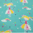 Cotton Fairy Clouds Rainbow fabric - Children's cotton fabric with pictures of fairies with a magic wand on a light background of clouds with rainbows, colorful stars... The fabric is 150cm wide and its composition is 100% cotton.