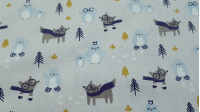 Tela Algodón Lobos y Pingüinos - Tela de algodón con dibujos infantiles de lobos con bufanda y gafas, pingüinos graciosos con coronas sobre un fondo de color gris con árboles dorados y azules. La tela mide 150cm de ancho y su composición 100% algodó