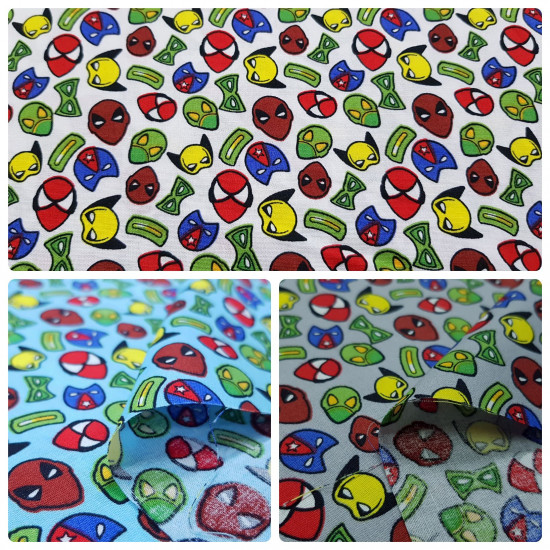 Cotton Superhero Masks fabric - Poplin cotton fabric with drawings of superheroes masks on various backgrounds to choose from. The fabric is 140cm wide and its composition is 100% cotton.