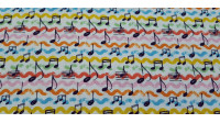 Tela Algodón Notas Musicales Colores - Tela de algodón con dibujos de notas musicales sobre un fondo multicolor. La tela mide 150cm de ancho y su composición 100% algodón