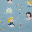 Cotton Princesses Fabby Tales fabric - Organic cotton fabric (GOTS) with children's drawings of princesses from classic stories and decorative elements that remind us of those tales such as the rose from Beauty and the Beast, Cinderella's carriage ... The