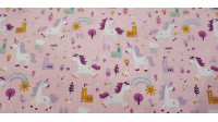 Tela Algodón Unicornios Castillos Rosa - Tela de algodón infantil con dibujos de unicornios, castillos, arcoiris... sobre un fondo de color rosa. La tela mide 150cm de ancho y su composición 100% algodón.
