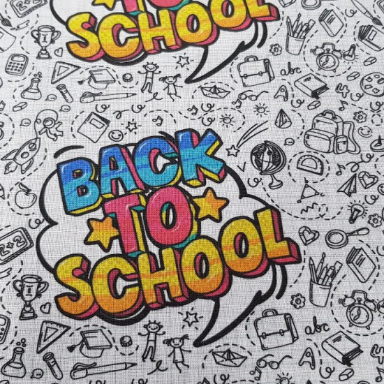 Cotton Back to School fabric - Cotton fabric digital printing with school-themed drawings and phrases from “Back to School” The fabric is 140cm wide and its composition is 100% cotton.