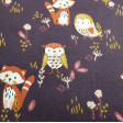 Cotton Foxes Birds Violet fabric - Children's cotton fabric with drawings of birds, owls and foxes on a dark purple background in contrast to ocher, orange, pink... The fabric is 150cm wide and its composition is 100% cotton.