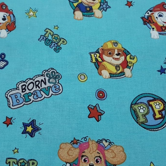 Cotton Paw Patrol Turquoise fabric - Licensed cotton fabric with drawings of the Paw Patrol characters on a turquoise background. The fabric is 140cm wide and its composition is 100% cotton.