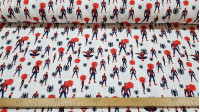 Tela Algodón Marvel Spiderman Arañas - Tela de algodón licencia con dibujos de Spiderman haciendo poses sobre un fondo blanco con arañas de color negro y rojo. La tela mide 150cm de ancho y su composición 100% algodón.