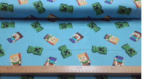 Tela Algodón Minecraft Personajes - Tela de algodón ancho americano licencia con dibujos de varios personajes del videojuego Minecraft, sobre un fondo de color azul. La tela mide 110cm de ancho y su composición 100% algodón.