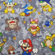 Cotton Super Mario Villains fabric - Licensed cotton fabric with drawings of the villainous characters from the video game Super Mario, on a gray background. The fabric is 110cm wide and its composition is 100% cotton.